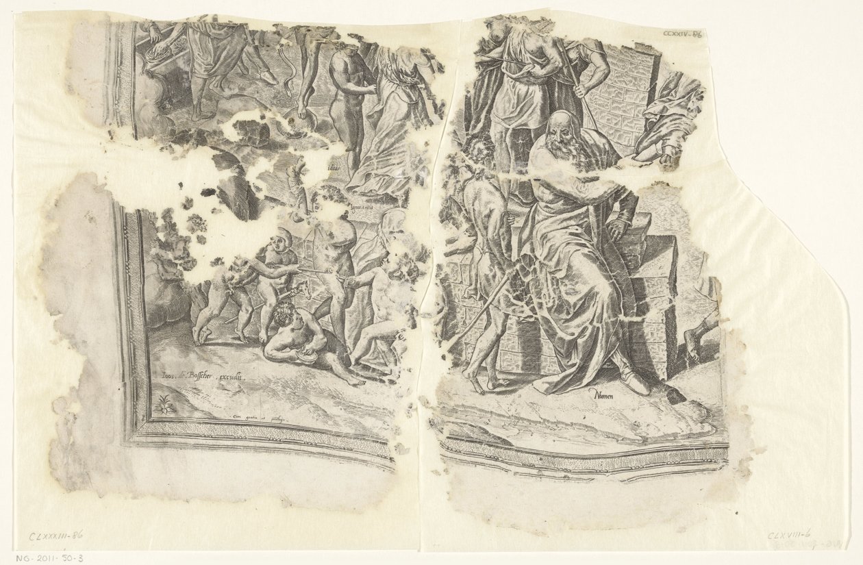 Lewy dolny róg wydruku sceny autorstwa Cebes Tabula Cebetis Carta Vitae (tytuł oryginalny) autorstwa Philips Galle