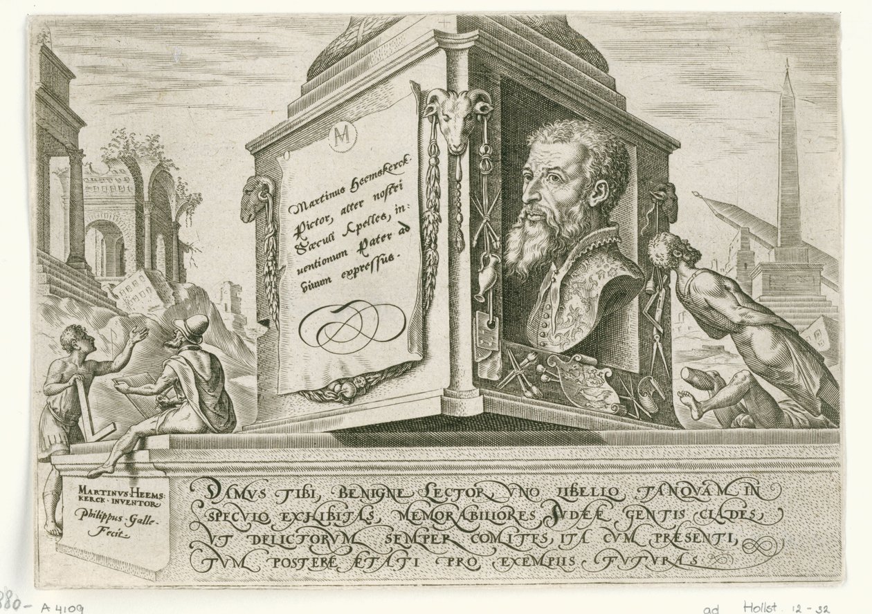Portret Maartena van Heemskercka na cokole kolumny Dni zagłady narodu żydowskiego (tytuł serii) autorstwa Philips Galle