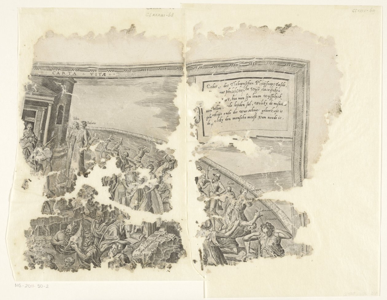 Prawy górny róg wydruku sceny autorstwa Cebes Tabula Cebetis Carta Vitae (tytuł na obiekcie) autorstwa Philips Galle