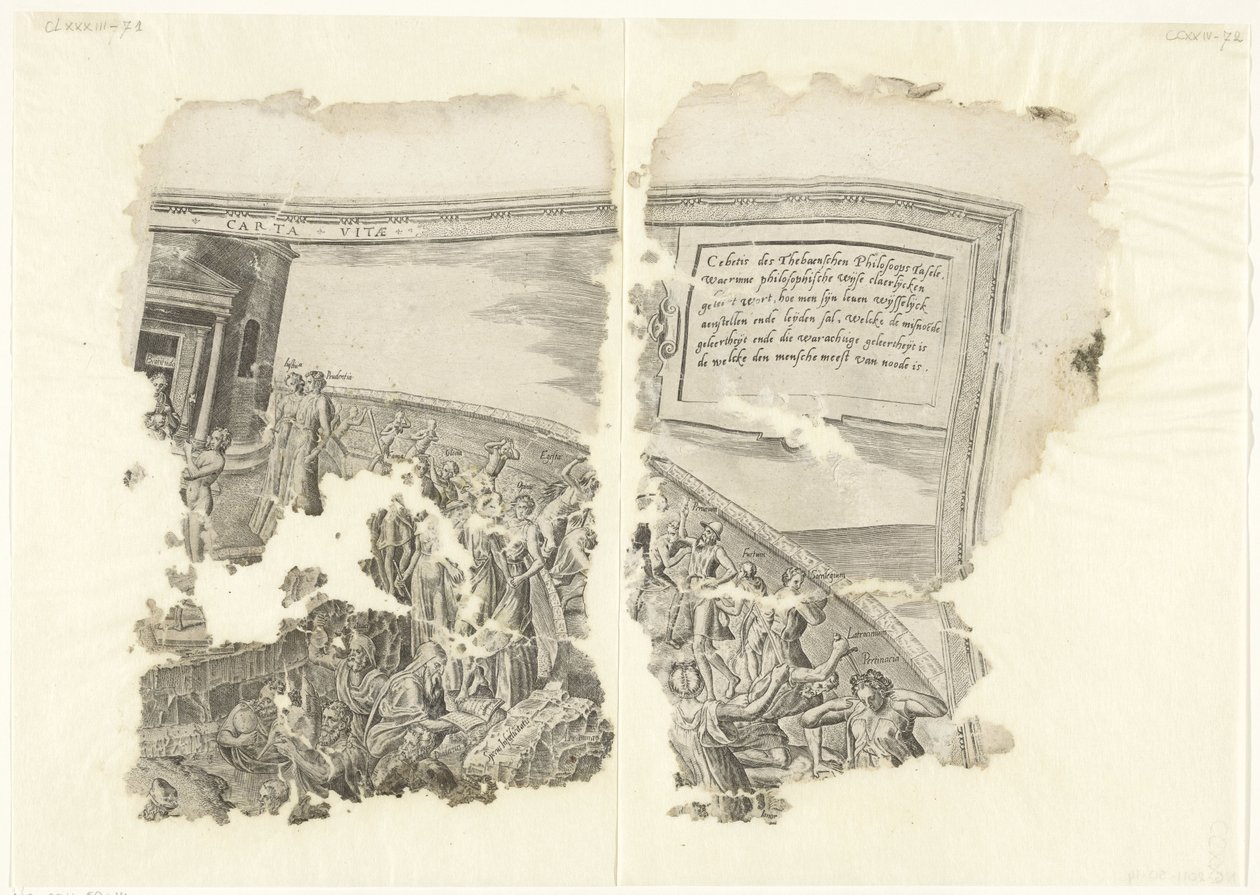 Prawy górny róg wydruku sceny autorstwa Cebes Tabula Cebetis Carta Vitae (tytuł na obiekcie) autorstwa Philips Galle