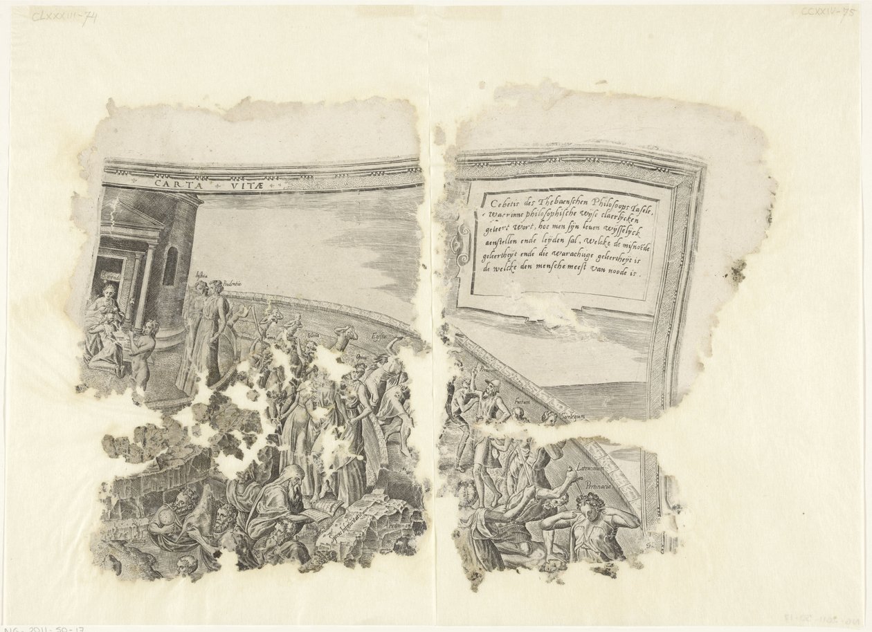 Prawy górny róg wydruku sceny autorstwa Cebes Tabula Cebetis Carta Vitae (tytuł na obiekcie) autorstwa Philips Galle