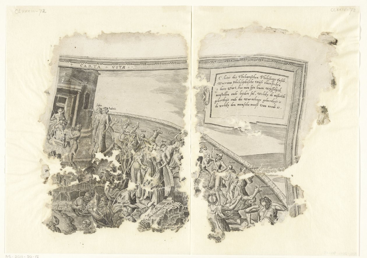 Prawy górny róg wydruku sceny autorstwa Cebes Tabula Cebetis Carta Vitae (tytuł na obiekcie) autorstwa Philips Galle