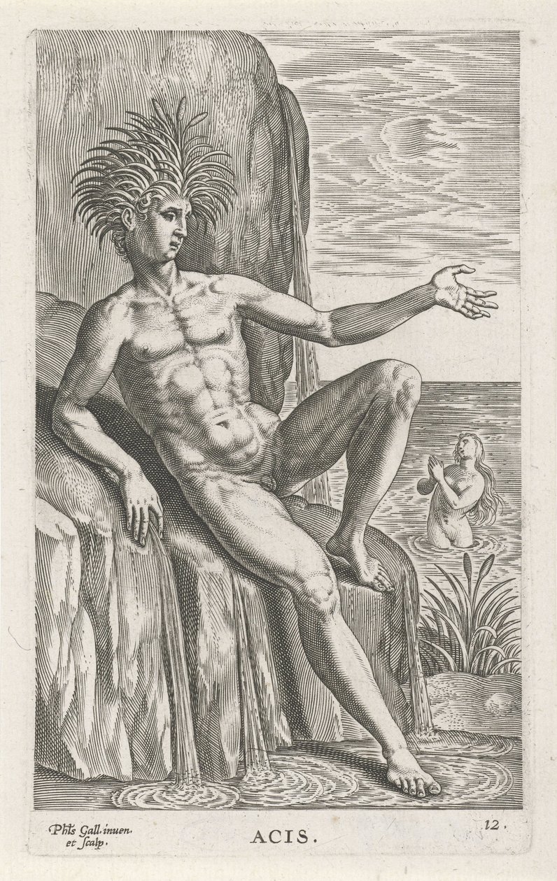 Riviergod Acis Asy (tytuł na obiekcie) Rivier- en zeegoden (tytuł serii) Eleganckie portrety morskich półbogów i pieczęci Amnicus (tytuł serii) autorstwa Philips Galle