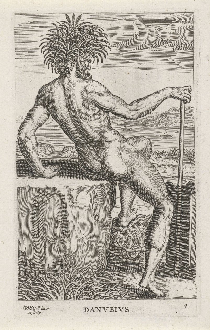 Riviergod Dunaj Danvbivs (tytuł na obiekcie) Rivier- en zeegoden (tytuł serii) Eleganckie portrety morskich półbogów i pieczęci Amnicus (tytuł serii) autorstwa Philips Galle