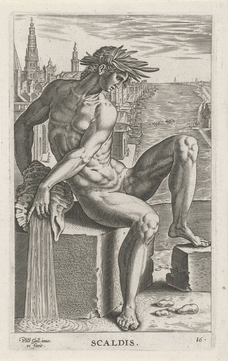 Riviergod Scaldis Scaldis (tytuł na obiekcie) Rivier- en zeegoden (tytuł serii) Eleganckie portrety morskich półbogów i pieczęci Amnicus (tytuł serii) autorstwa Philips Galle
