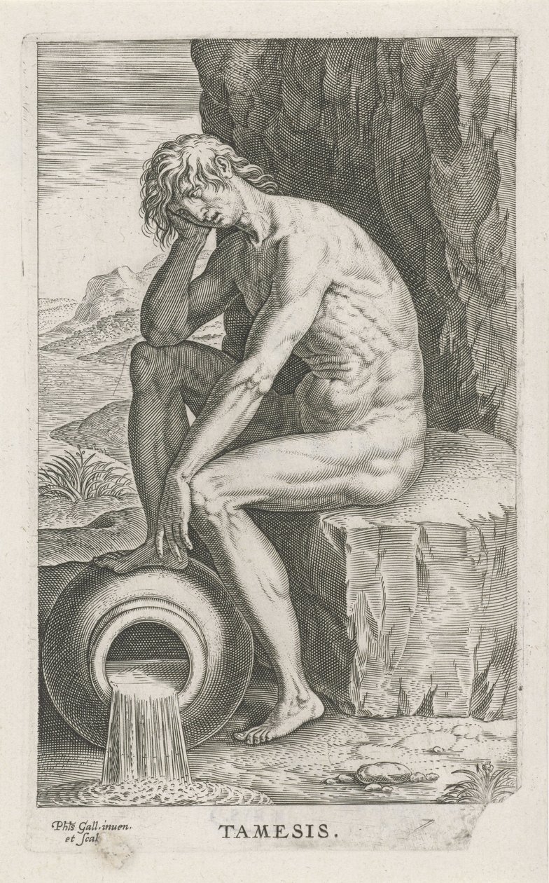 Rivergod Tamiza Tamiza (tytuł na obiekcie) Rivier- en zeegoden (tytuł serii) Eleganckie portrety morskich półbogów i pieczęci Amnicus (tytuł serii) autorstwa Philips Galle
