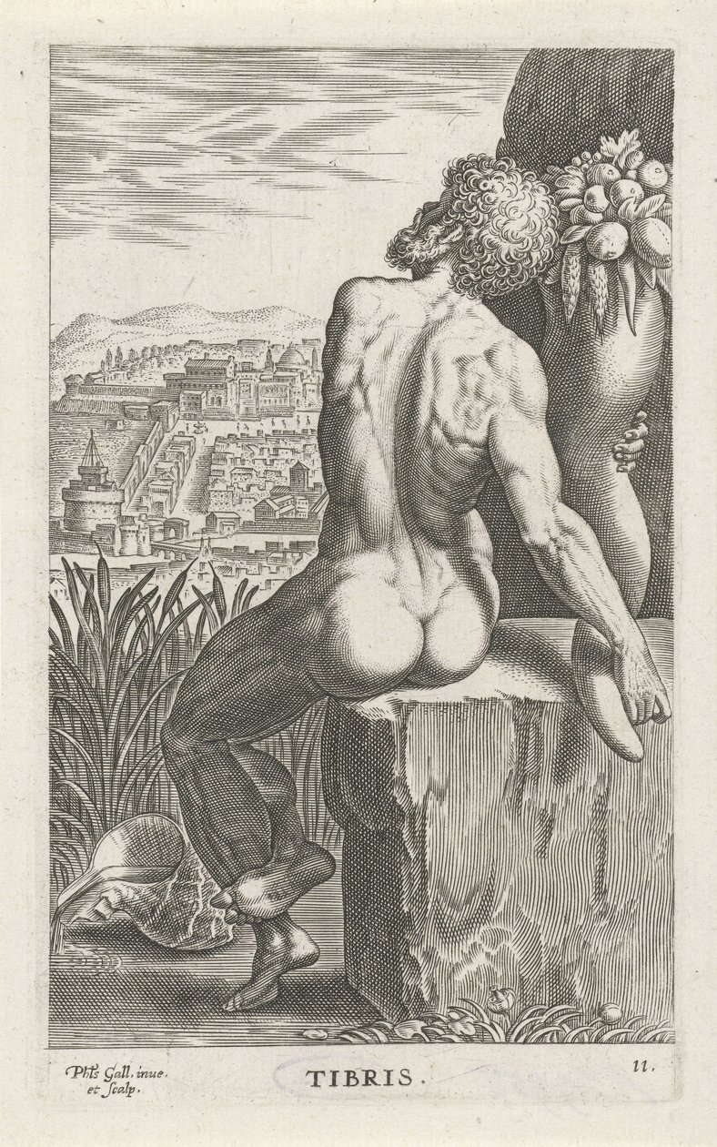 Riviergod Tiber Plemiona (tytuł na obiekcie) Rivier- en zeegoden (tytuł serii) Eleganckie portrety morskich półbogów i pieczęci Amnicus (tytuł serii) autorstwa Philips Galle