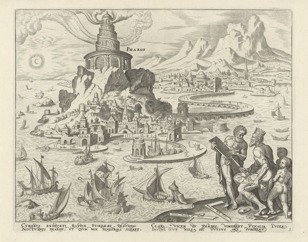 Latarnia morska w Aleksandrii Pharos (tytuł na obiekcie) Osiem cudów świata (tytuł serii) autorstwa Philips Galle