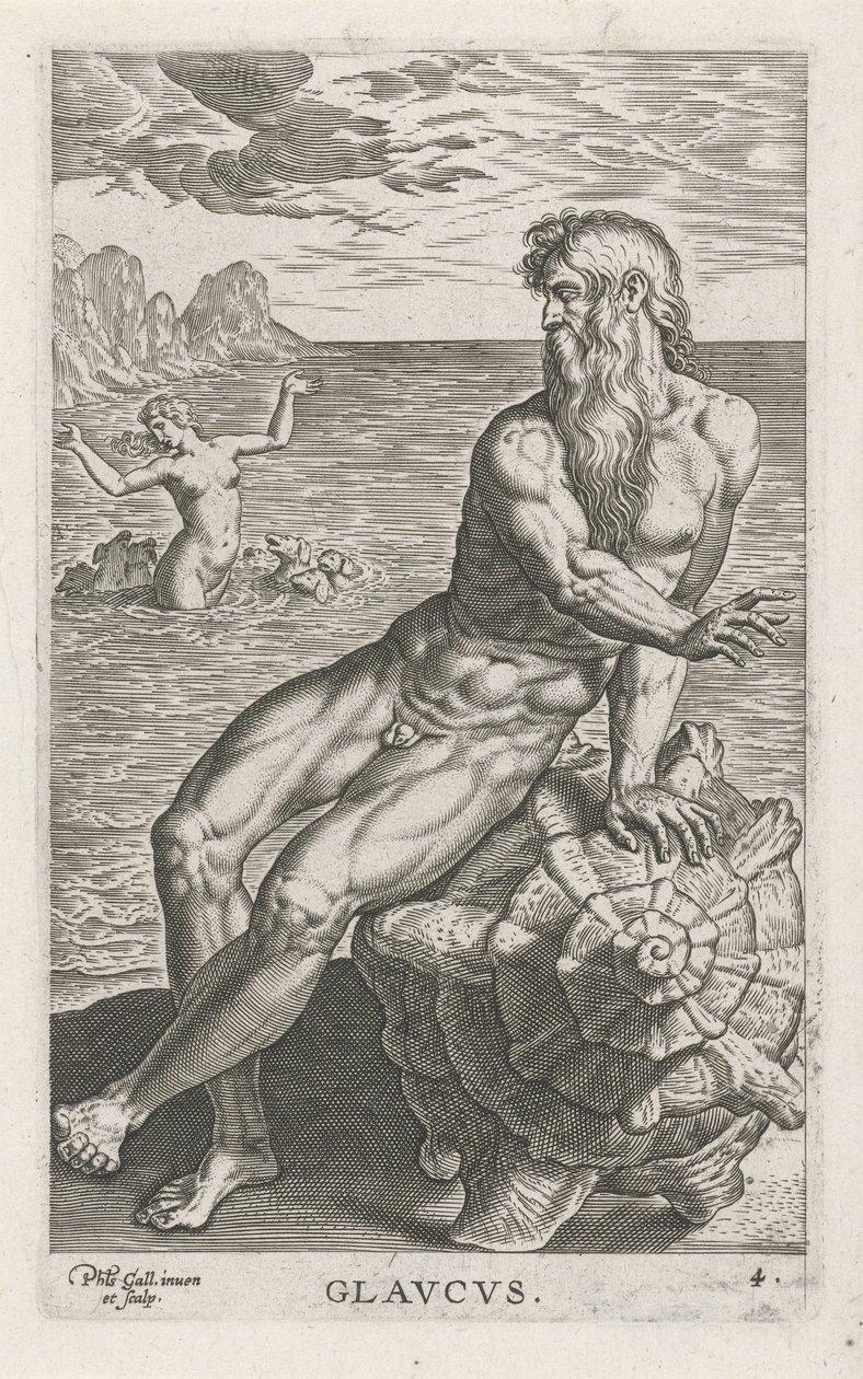 Zeegod Glaucus Glavcvs (tytuł na obiekcie) Rivier- en zeegoden (tytuł serii) Eleganckie portrety morskich półbogów i pieczęci Amnicus (tytuł serii) autorstwa Philips Galle