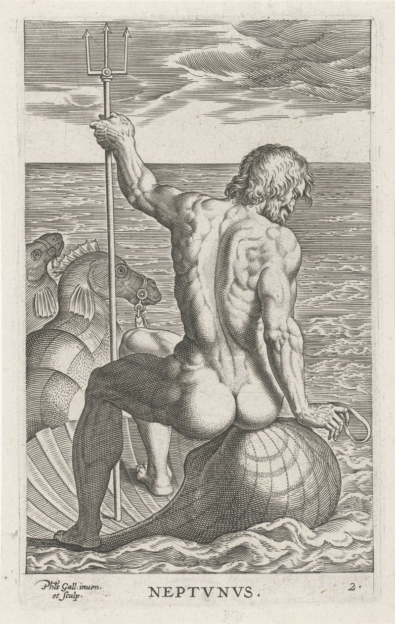 Zeegod Neptune Neptvnvs (tytuł na obiekcie) Rivier- en zeegoden (tytuł serii) Eleganckie portrety morskich półbogów i pieczęci Amnicus (tytuł serii) autorstwa Philips Galle