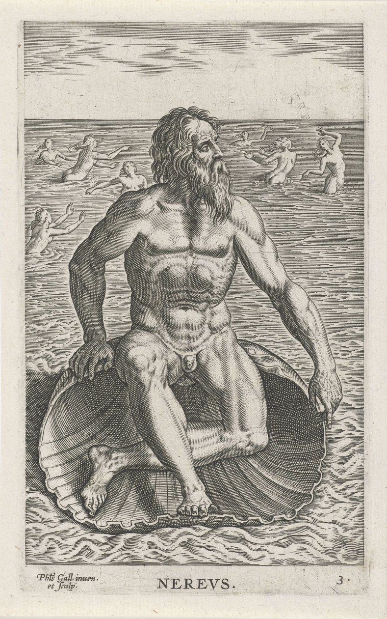 Zeegod Nereus Nerewy (tytuł na obiekcie) Rivier- en zeegoden (tytuł serii) Eleganckie portrety morskich półbogów i pieczęci Amnicus (tytuł serii) autorstwa Philips Galle