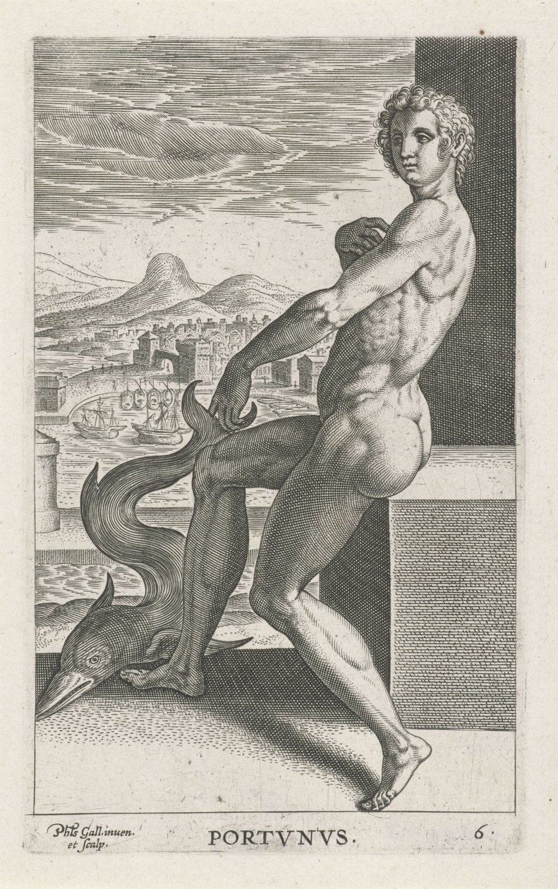 Zeegod Portunus Portvnvs (tytuł na obiekcie) Rivier- en zeegoden (tytuł serii) Eleganckie portrety morskich półbogów i pieczęci Amnicus (tytuł serii) autorstwa Philips Galle
