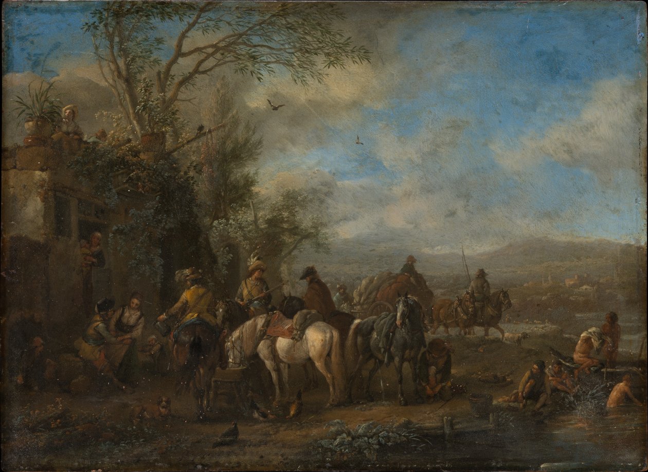 Uzbrojeni jeźdźcy przed karczmą autorstwa Philips Wouwerman