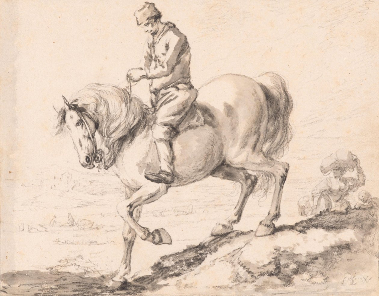 Jeździec przeprawia się z koniem przez strumień autorstwa Philips Wouwerman