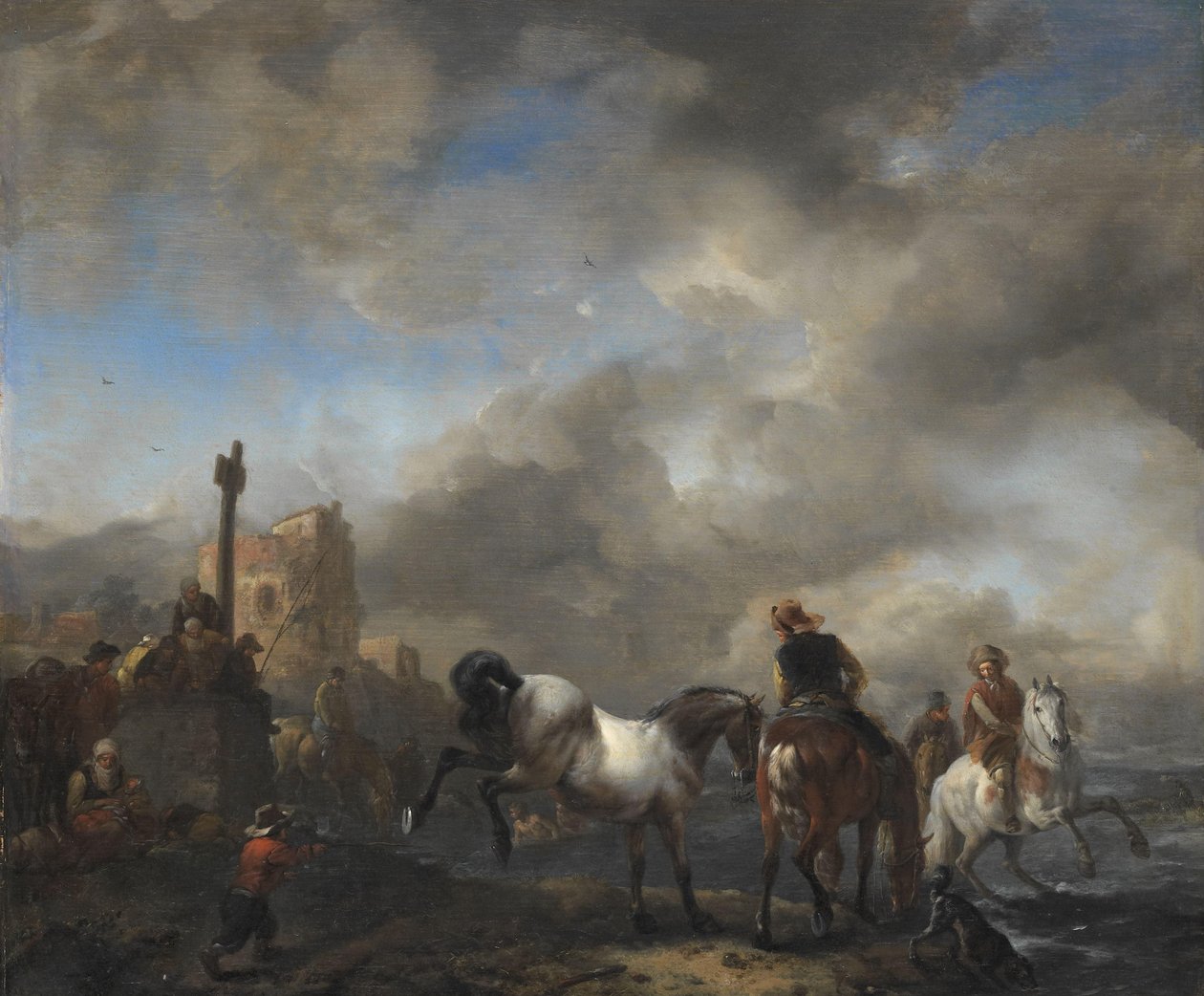 Staw w pobliżu kamienia granicznego autorstwa Philips Wouwerman