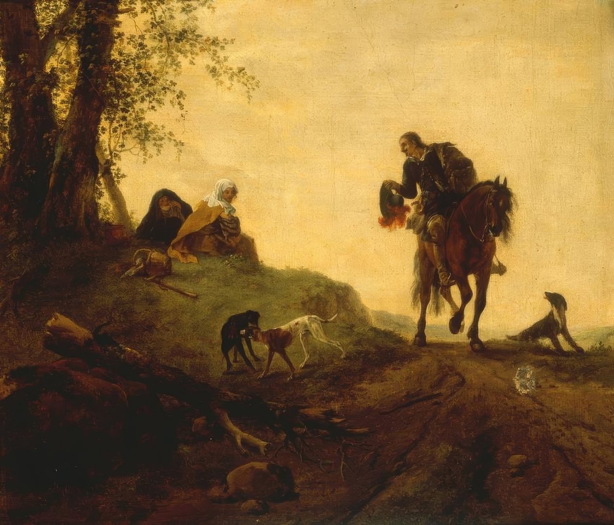 Krajobraz z jeźdźcem trzymającym dwa F. autorstwa Philips Wouwerman