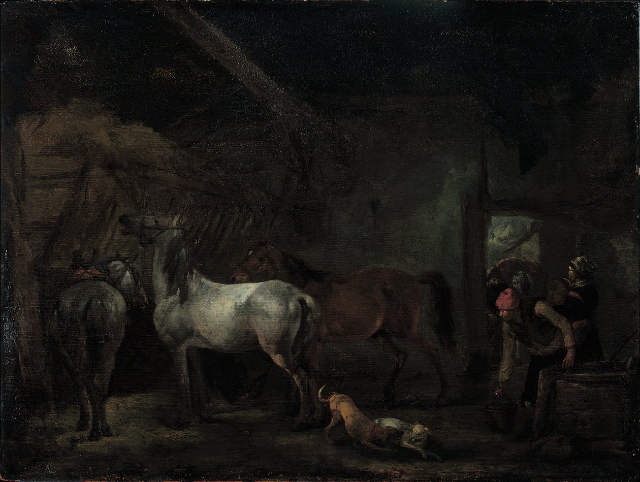 Stajnia z trzema końmi autorstwa Philips Wouwerman