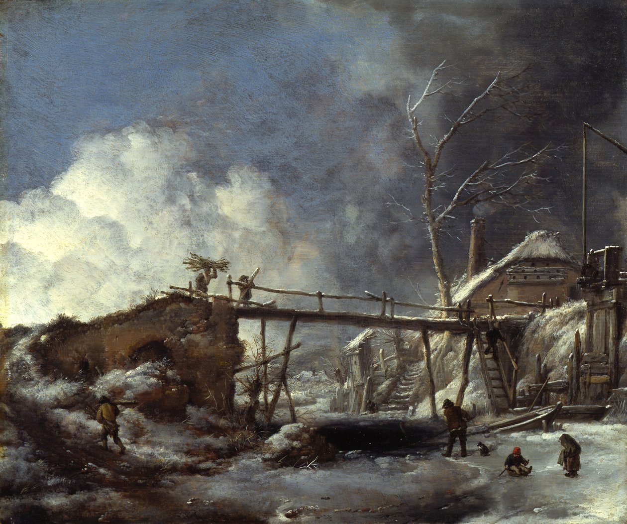 Zimowy krajobraz z drewnianą kładką autorstwa Philips Wouwerman
