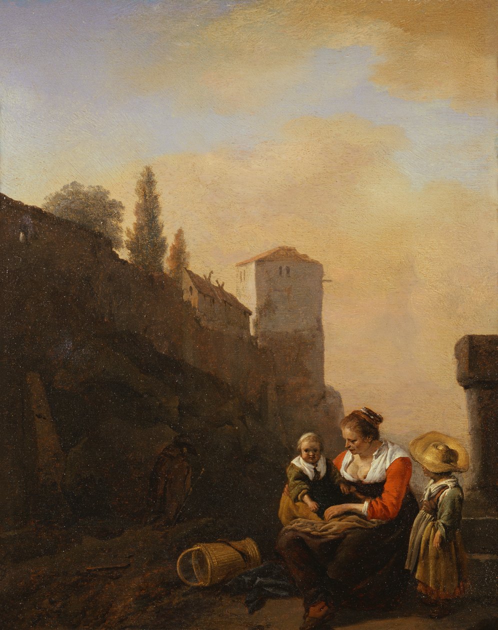 Chłop i dwoje dzieci odpoczywają przed wieżą we Włoszech (olej na płótnie) autorstwa Philips Wouwermans or Wouvermans