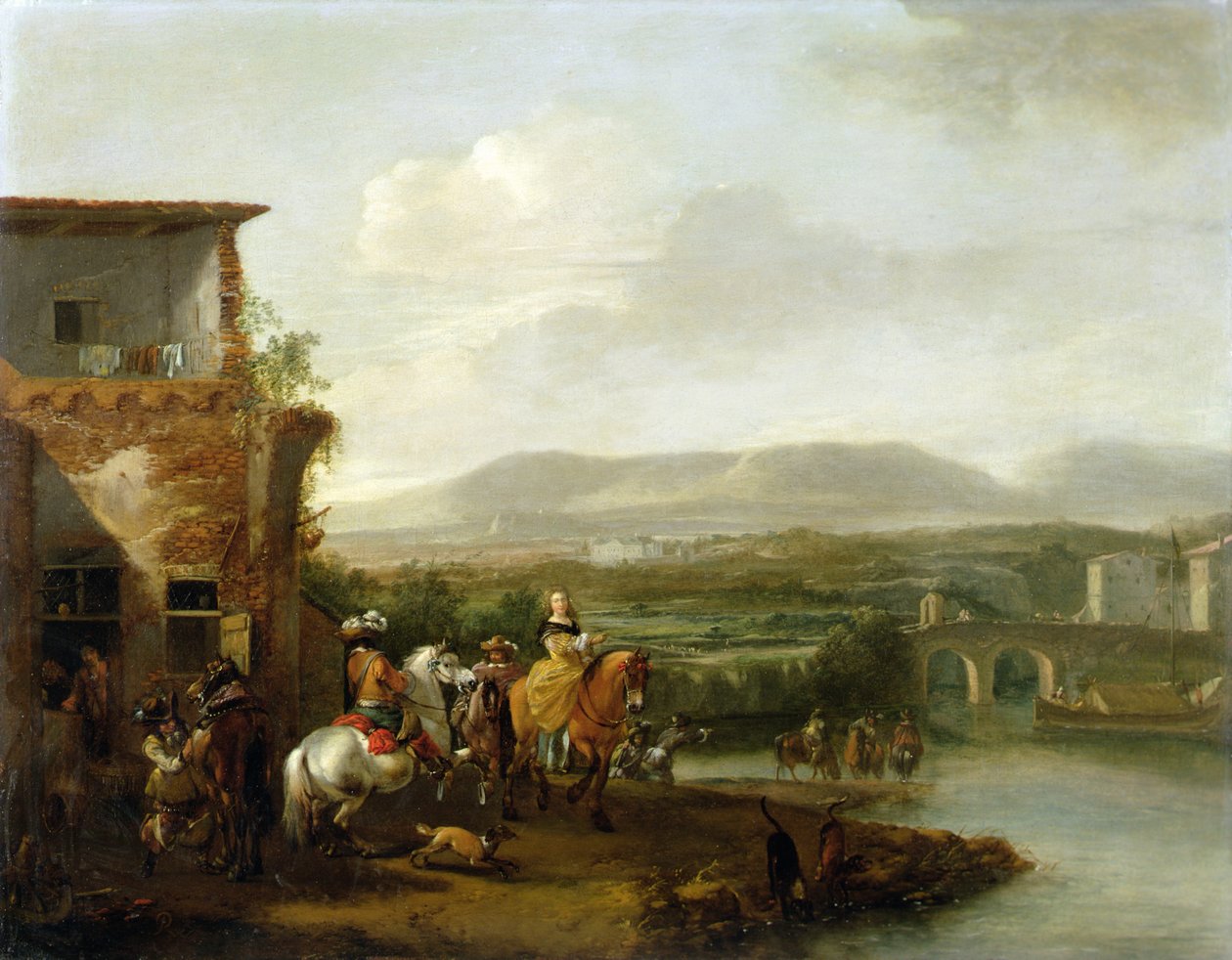 Elegancka impreza jeździecka przed farmą nad rzeką (olej na płótnie) autorstwa Philips Wouwermans or Wouvermans