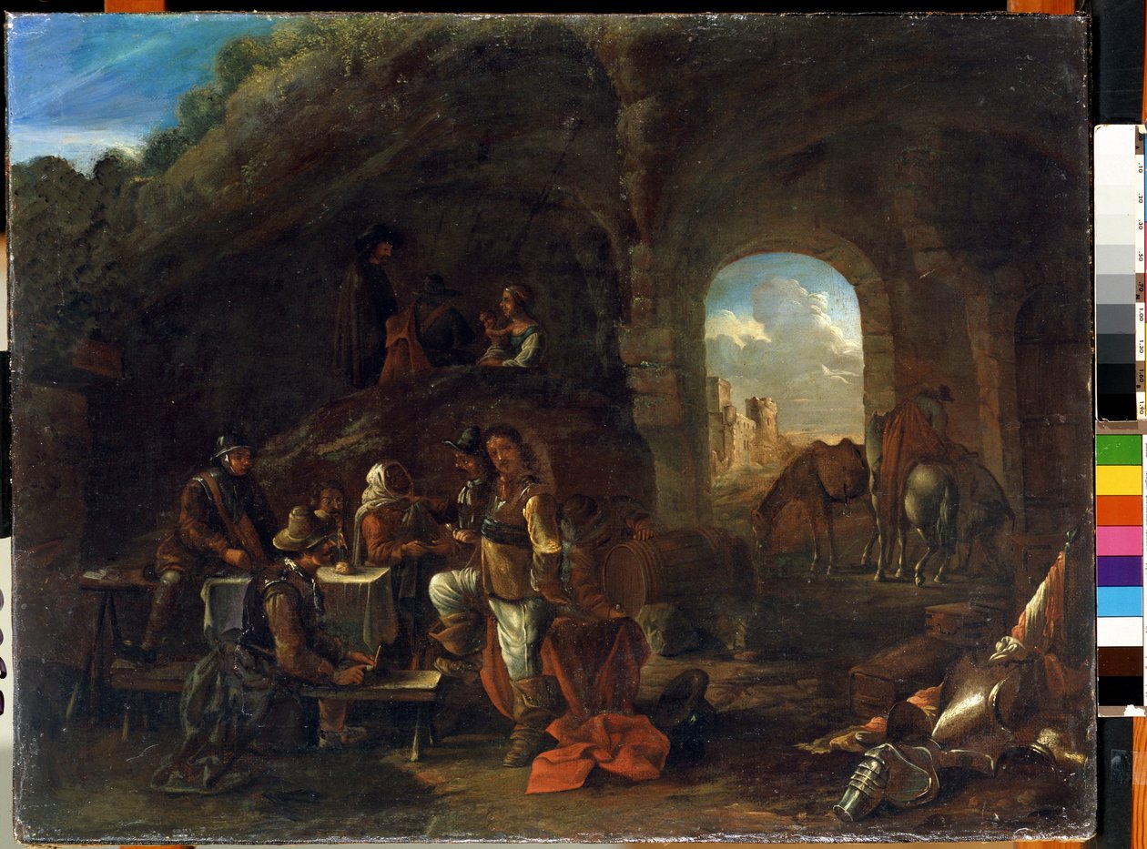 Scena tawerny. Obraz Philipsa Wouwermana (1619-1668). Olej na drewnie, 48 x 63 cm. XVII-wieczna szkoła holenderska. Państwowe Muzeum Sztuki M. Ciurlionisa w Kownie (Litwa). autorstwa Philips Wouwermans or Wouvermans