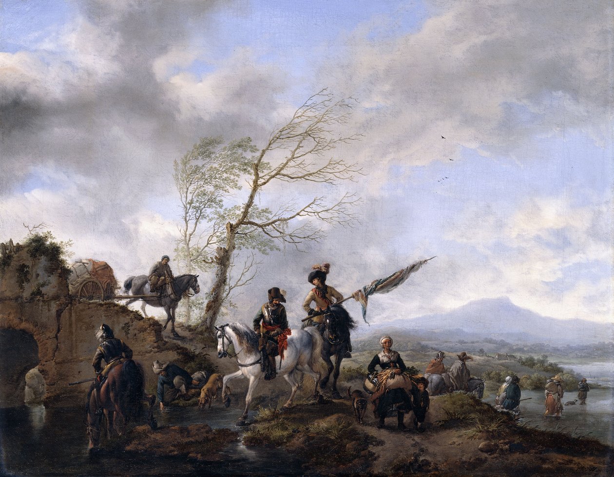 Rozległy krajobraz rzeczny z żołnierzami i chorążym podlewającymi konie, autorstwa Philips Wouwerman