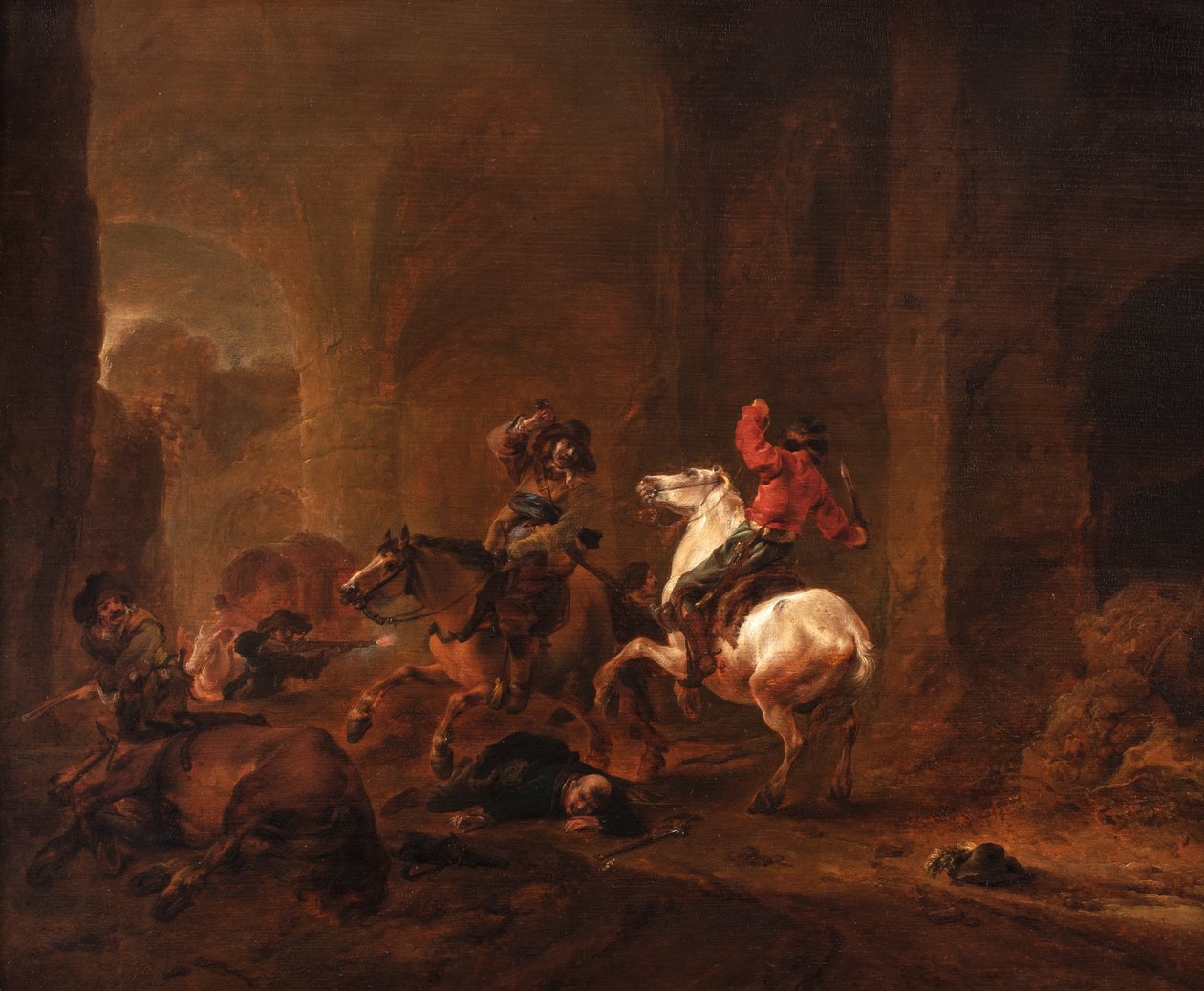 Bandyci napadający na podróżnych na ścieżce wśród ruin, ok. 1635-50 (olej na desce) autorstwa Philips Wouwermans or Wouwerman