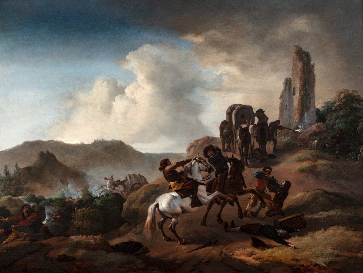 Bandyci napadający na podróżnych na ścieżce we włoskim krajobrazie, ok. 1640-50 (olej na desce) autorstwa Philips Wouwermans or Wouwerman