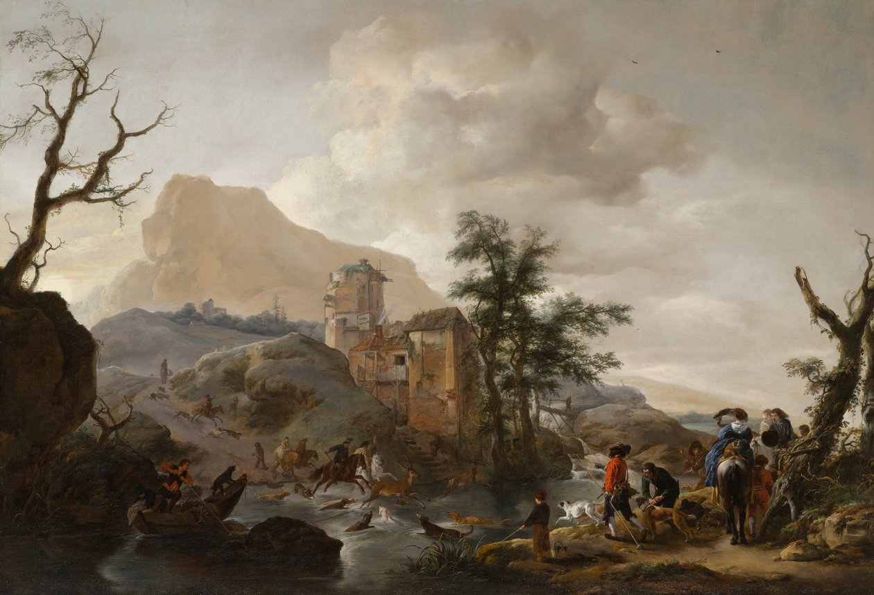 Polowanie na jelenia w rzece, ok. 1650-1655 autorstwa Philips Wouwerman