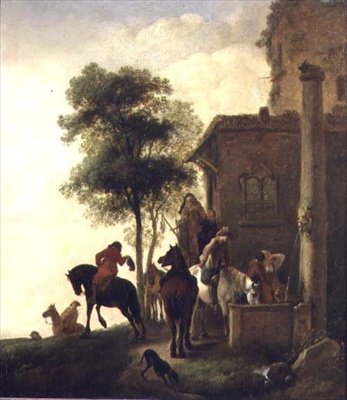Podróżnicy podlewający konie przed gospodą (olej na panelu) autorstwa Philips Wouwermans or Wouwerman