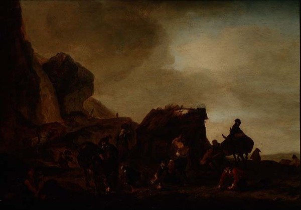 Podróżnicy i żebracy przy zrujnowanej chacie autorstwa Philips Wouwermans or Wouwerman