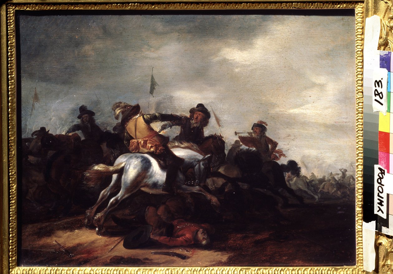 Bitwa. Obraz Philipsa Wouwermana (1619-1668). Olej na drewnie, 31 x 41 cm. Sztuka flamandzka, sztuka barokowa. Regionalne Muzeum Sztuki, Użgorod (Ukraina). autorstwa Philips Wouwermans or Wouwerman