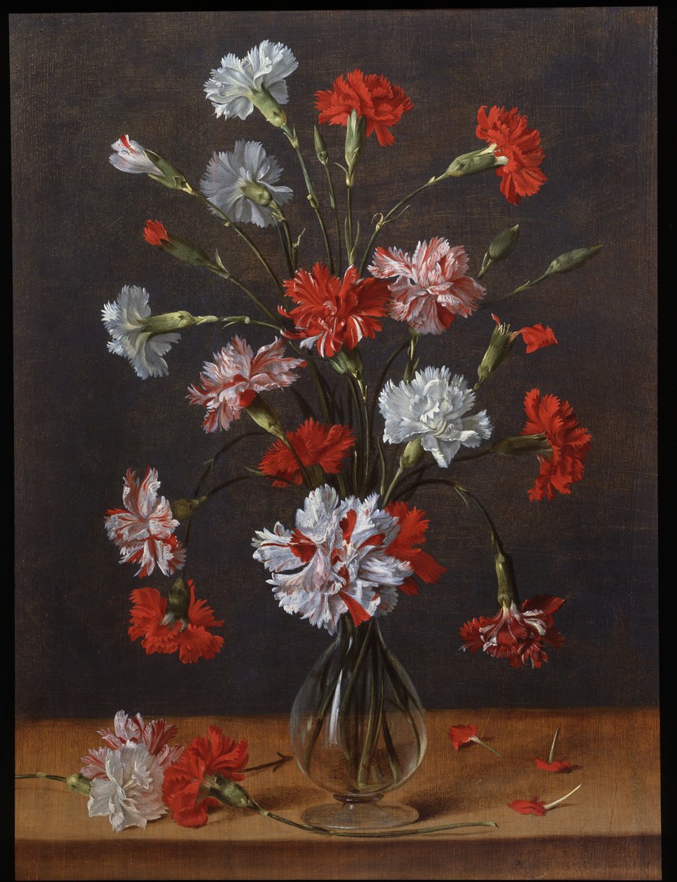Bukiet goździków w szklanym wazonie, ok. 1600-1700 (olej na płycie) autorstwa Phillipe de Marlier