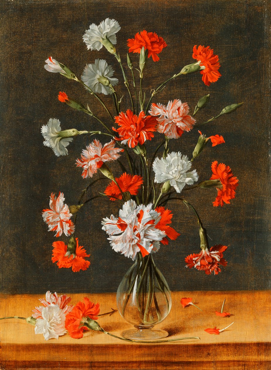 Goździki w szklanym wazonie na kamiennym stole, 1639 autorstwa Phillipe de Marlier