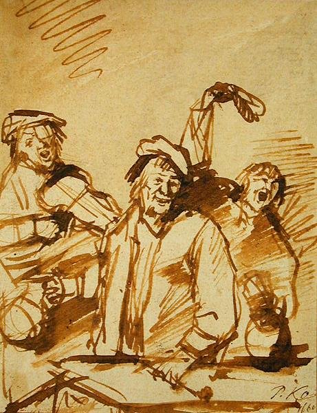 Trzech Wesołych Młodych Mężczyzn, 1660 (pióro i brązowy tusz na papierze) autorstwa Phillips de Koninck