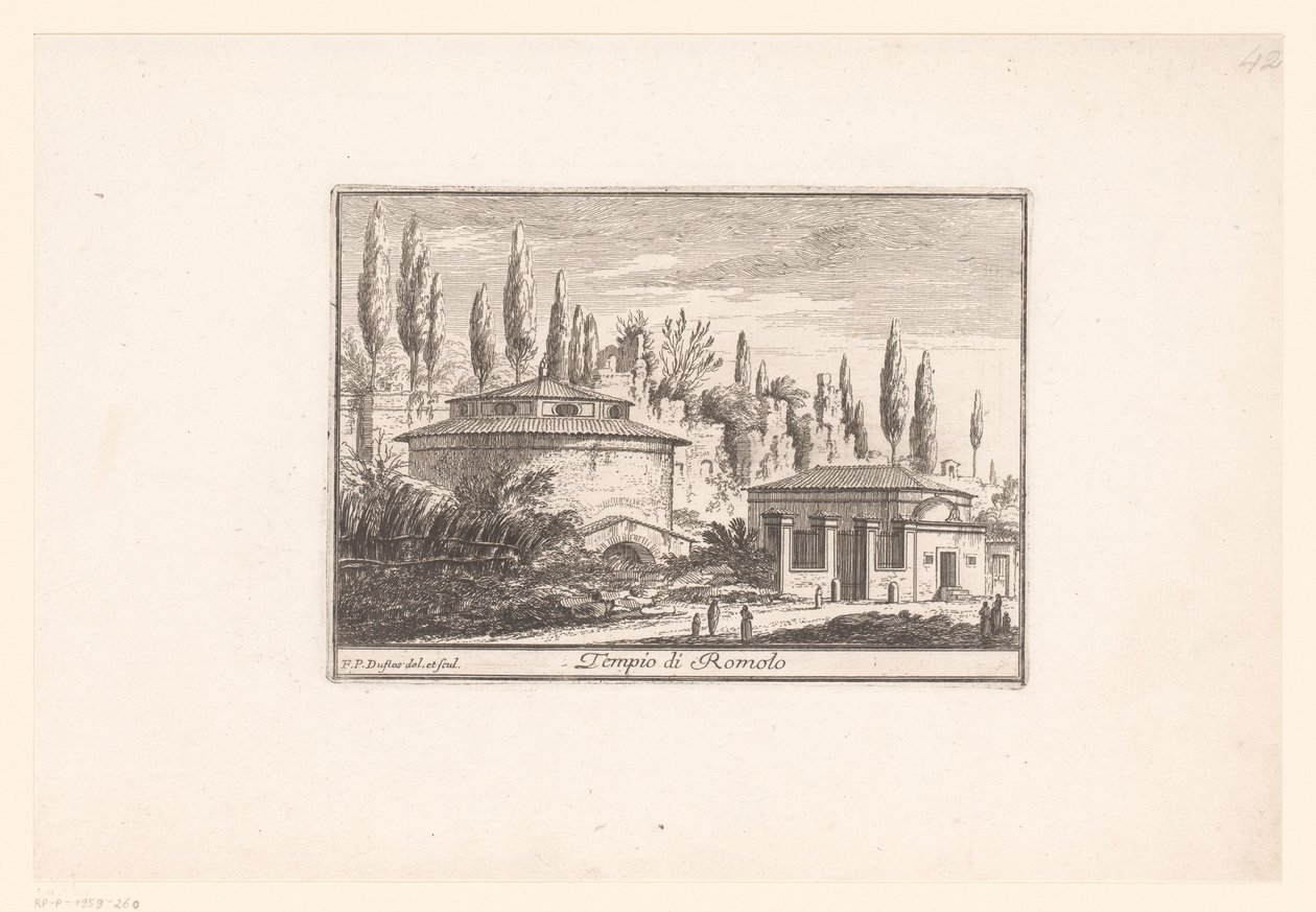 Widok świątyni Romulusa Tempio di Romolo (tytuł na obiekcie) Widoki starożytnego i współczesnego Rzymu (tytuł serii) Varie Vedute di Roma Antica, e Moderna (tytuł serii) autorstwa Philothée Francois Duflos