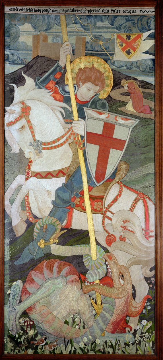 Św. Jerzy zabijający smoka, z modlitwą Uny w tle, 1904 (haft) (patrz także 141949 i 51) autorstwa Phoebe Anna Traquair