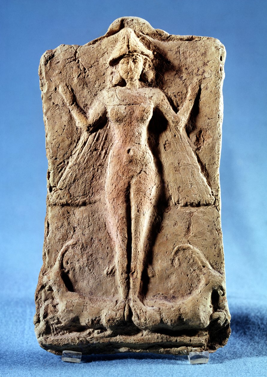 Tablica przedstawiająca uskrzydloną boginię, prawdopodobnie Isztar, stojącą na dwóch koziorożcach, z Ras Shamra (Ugarit) III tysiąclecia p.n.e. (terakota) autorstwa Phoenician