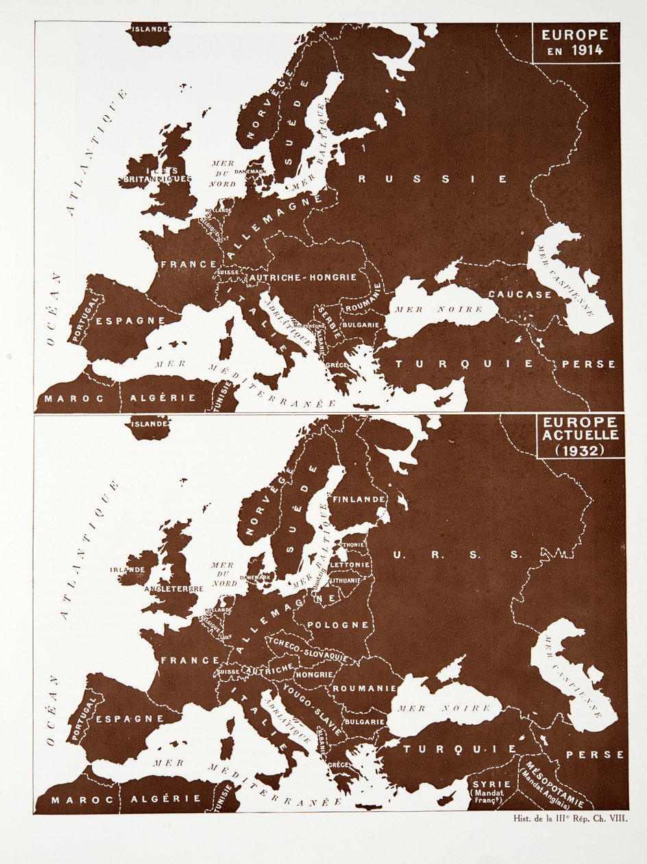 Mapa Europy w 1914 r. i Europy w 1932 r., z Histoire de la Troisieme Republique, t. I, Historia polityczna, wyd. 1933 (kolor lito) autorstwa Photographer French