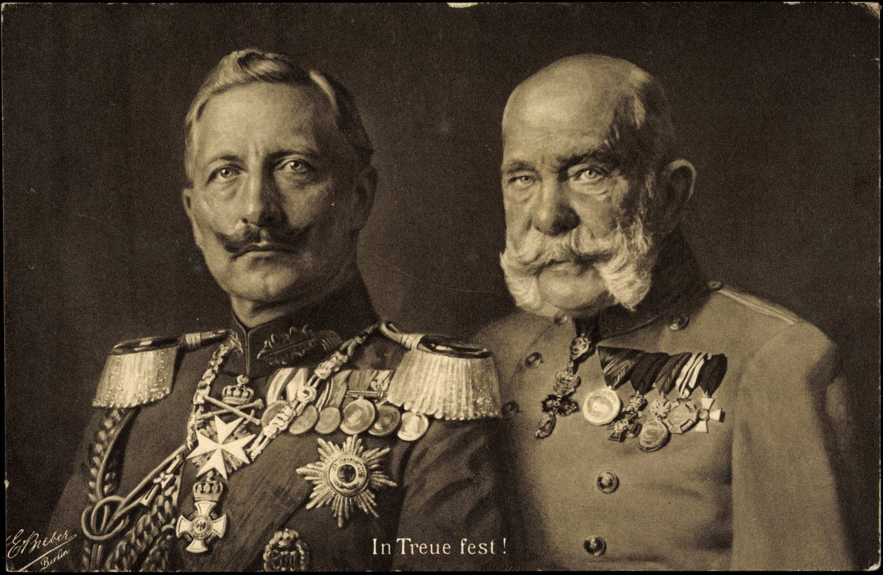 Ak Cesarz Prus Wilhelm II z cesarzem Austrii Franciszkiem Józefem I, lojalność (zdjęcie czarno-białe) autorstwa Photographer German