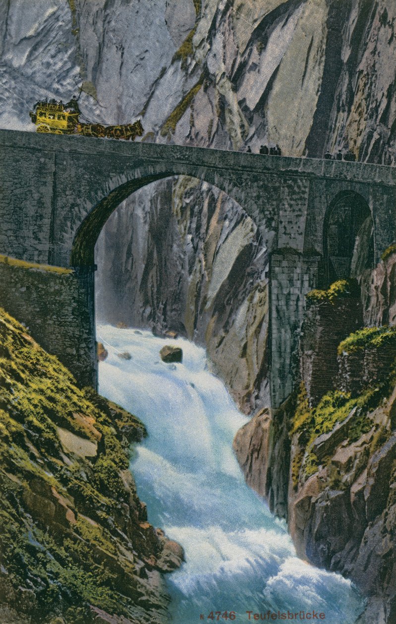 Powóz przejeżdżający przez Teufelsbrucke nad wąwozem Schollenen w Szwajcarii. Pocztówka wysłana w 1913 roku. autorstwa Photographer Swiss