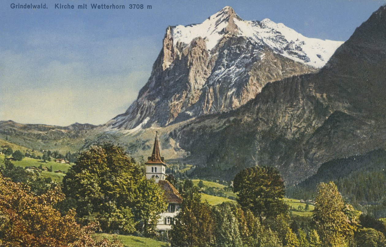 Kościół w Grindelwald i Wetterhorn, Szwajcaria (zdjęcie kolorowe) autorstwa Photographer Swiss