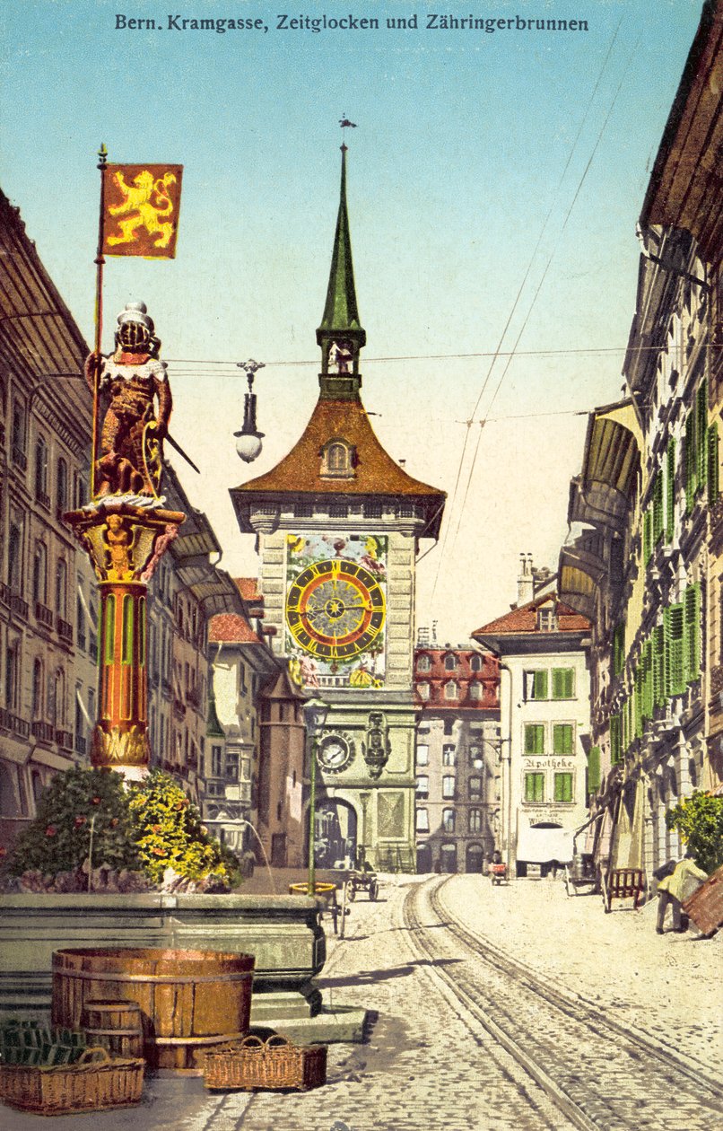 Wieża zegarowa Zytglogge i fontanna Zahringerbrunnen, Kramgasse, Berno, Szwajcaria (zdjęcie kolorowe) autorstwa Photographer Swiss