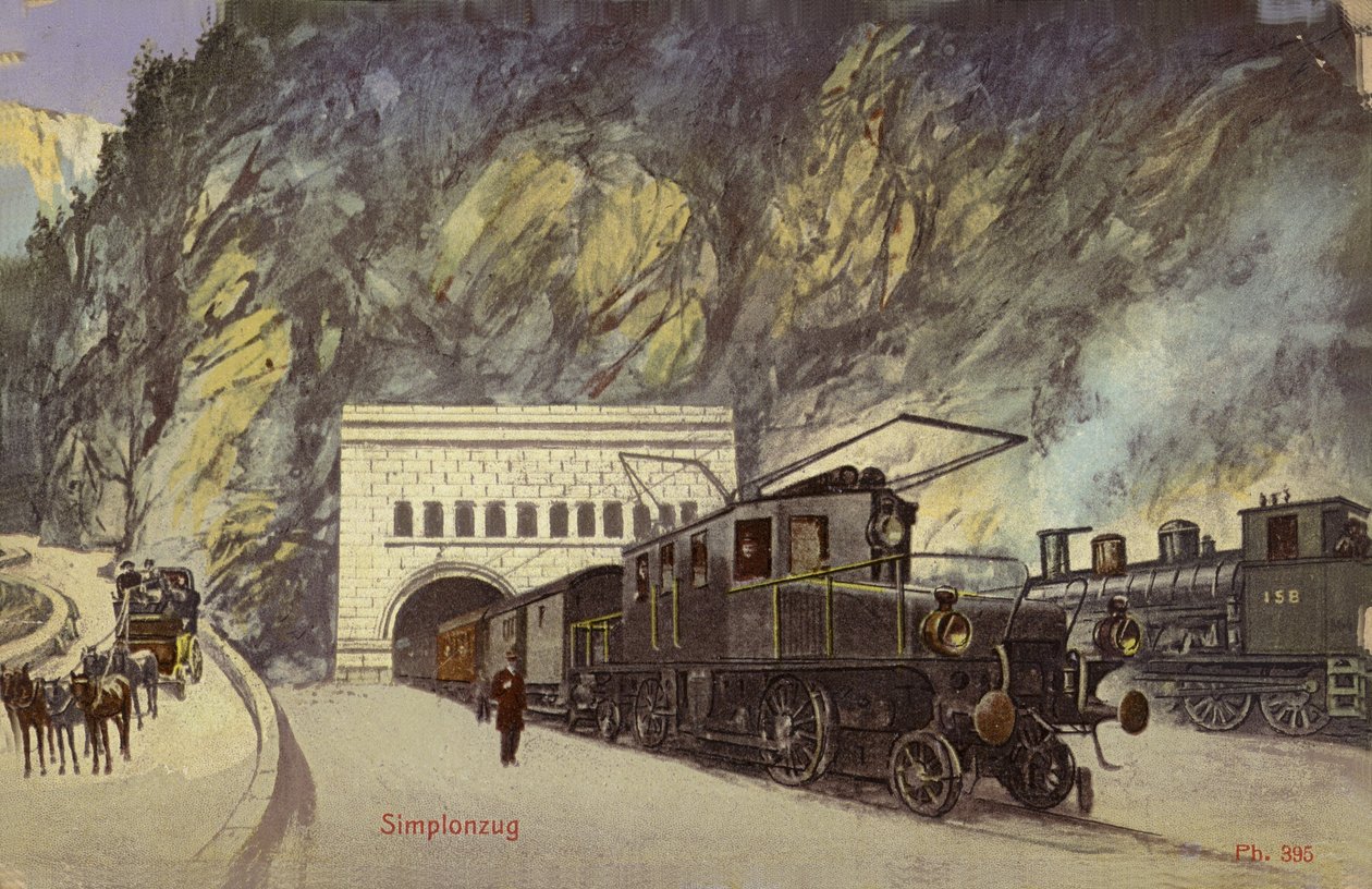 Pociąg przy wjeździe do tunelu Simplon (zdjęcie kolorowe) autorstwa Photographer Swiss