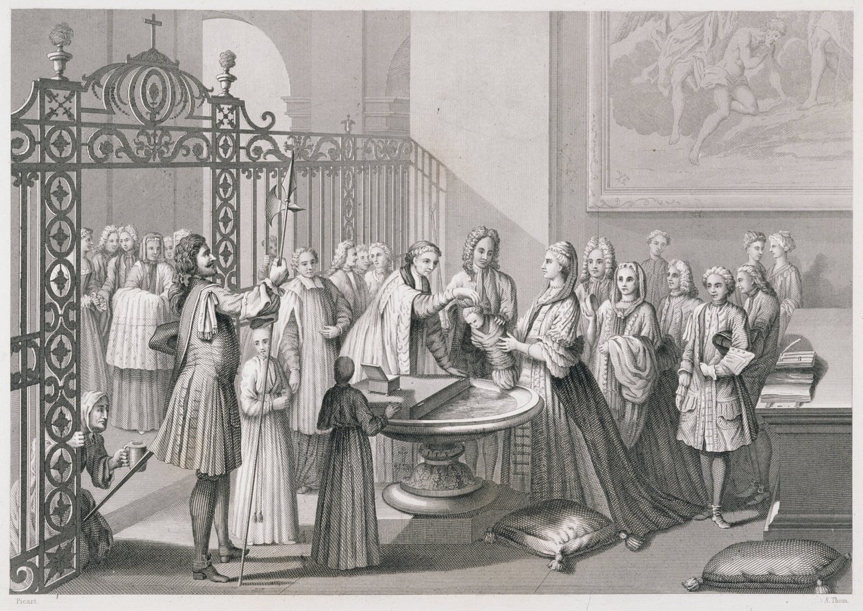 Chrzest według Kościoła rzymskiego (w XVIII wieku), rycina A. Thorna, z "World Religion", wydanej przez A. Fullarton und Co. autorstwa Picart