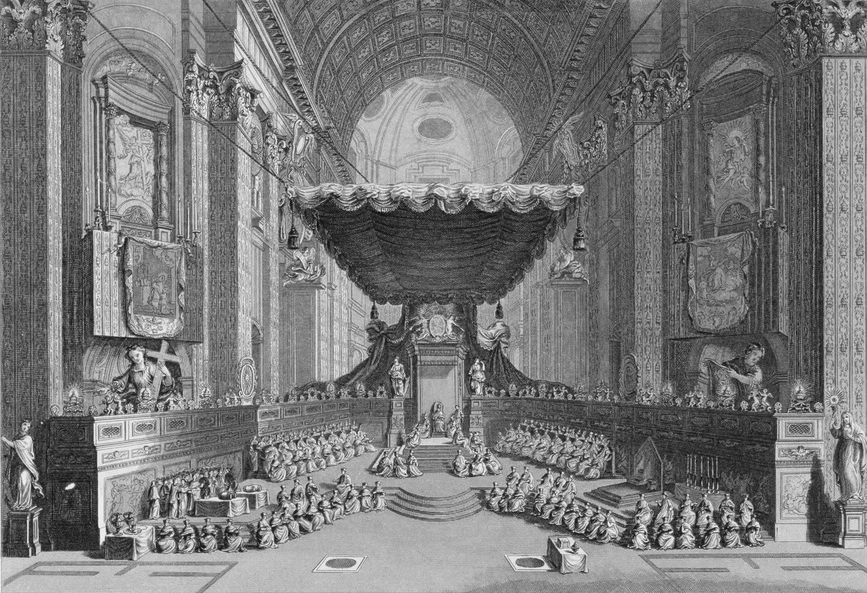 Kanonizacja świętych w kościele św. Piotra w Rzymie, 1712, rycina T. Brown, z „World Religion”, wyd. A. Fullarton und Co. autorstwa Picart