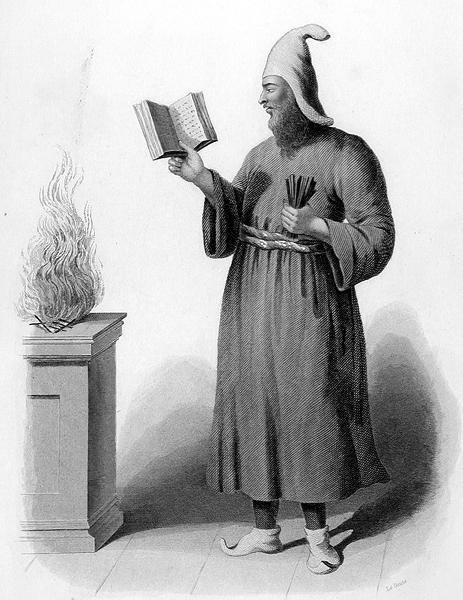 Arcykapłan Guebres. (Fire-Worshippers), grawerowane przez Le Conte, z „World Religion”, wydane przez A. Fullarton & Co. (ryc.) autorstwa Picart (after)