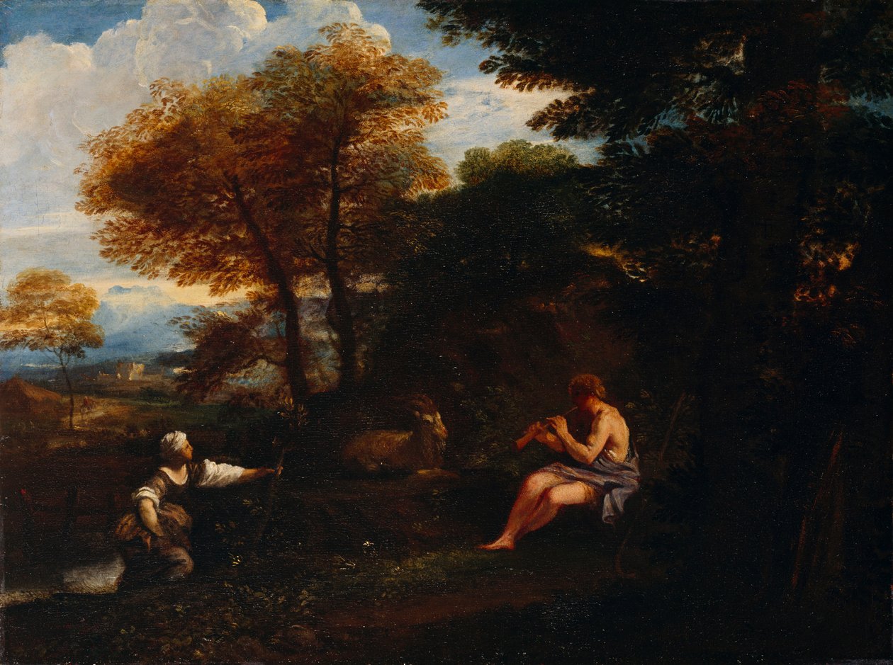 „Krajobraz z pasterzem i pasterką”, XVII w. autorstwa Pier Francesco Mola