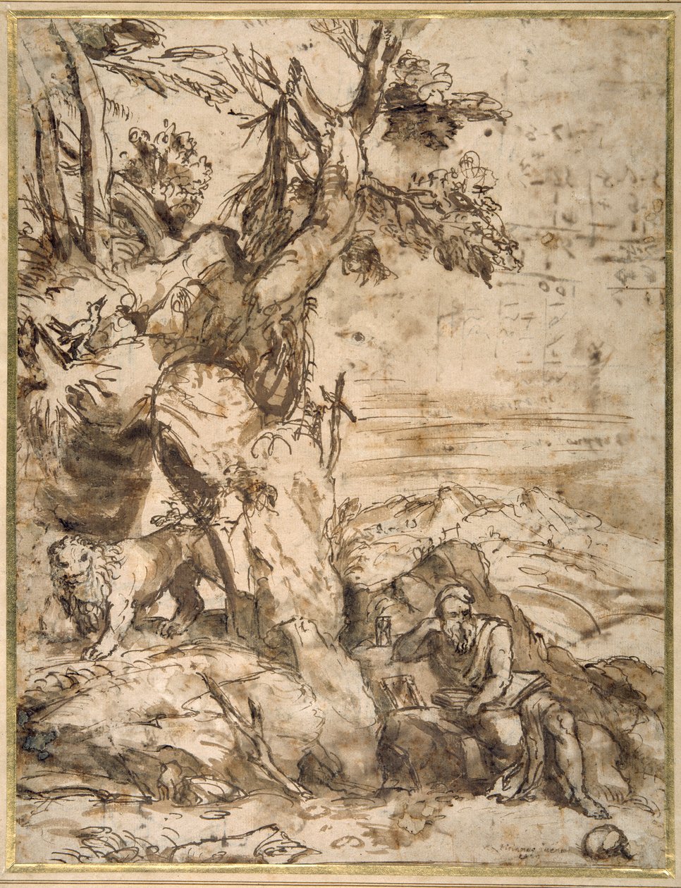 Św. Hieronim czytanie na pustyni, według Tycjana (ok. 1488-1576) (pióro trzcinowe i brązowy tusz z brązowym washem na kremowym papierze) autorstwa Pier Francesco Mola