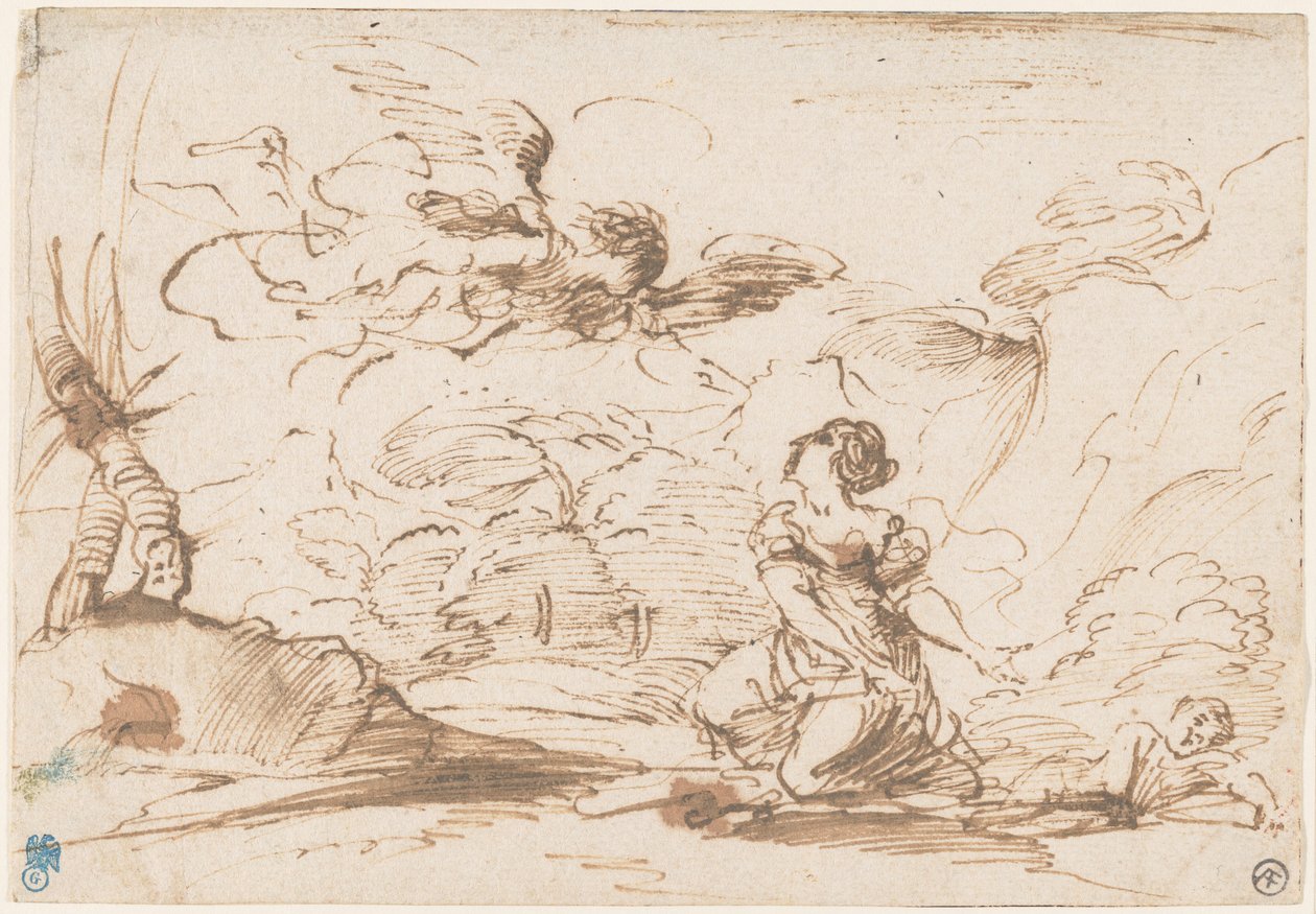 Anioł ukazujący się Hagar i Izmaelowi na pustkowiu, ok. 1645 (pióro i brązowy tusz z brązowym tuszem na papierze) autorstwa Pier Francesco Mola